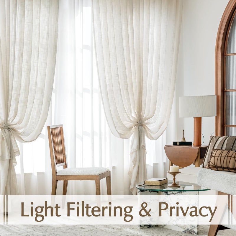 FMFUNCTEX Natural Sliding Door Curtain 84" Sheer Linen Curtains for Living Room Divider 100" Width Extra Wide Bedroom Drapes Linen Patio Door Panel Semi Sheer Window Panels Beige Grommet Top 1 Panel - Image 2